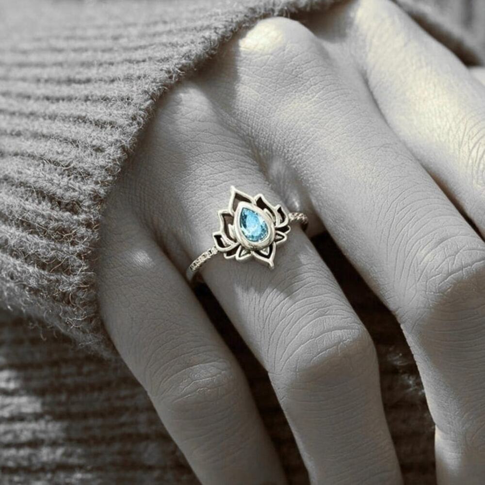 Lotus Flower Blue Stone Ring, Sterling Silver, Minimalist Boho Jewelry